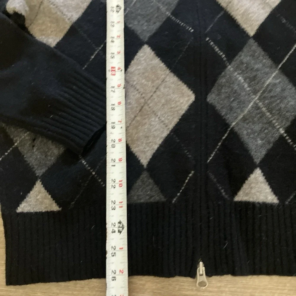 J. Crew Men's L 100% Lambs Wool Diamond Black Tan Full Zip Sweater Jacket